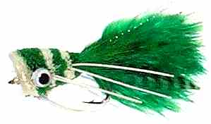 Green and White Popper Bass Bug fishing fly pattern for smallmouth and largemouth bass and pike